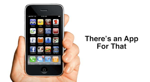 A hand holding an original iPhone next to the words There's an App For That